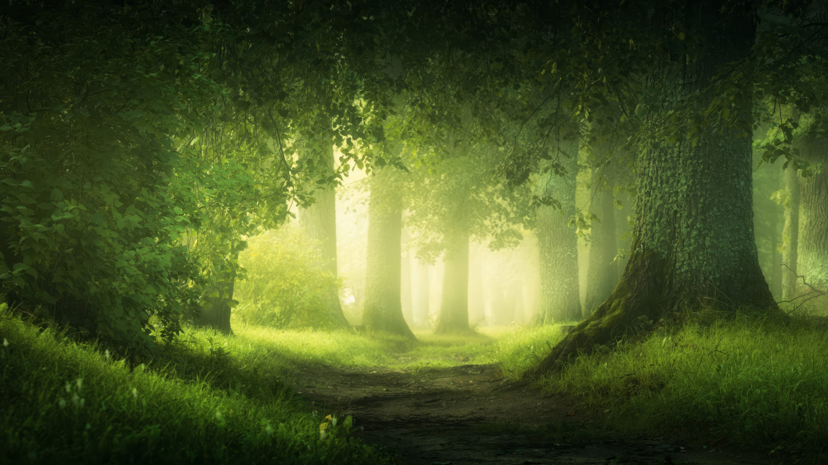 Download Nature Green Landscape Forest Path Wallpaper in 2880x1620 Resolution