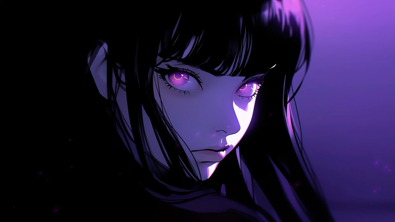 Download Anime Girl Black Hair Purple Eyes Wallpaper in 1366x768 Resolution