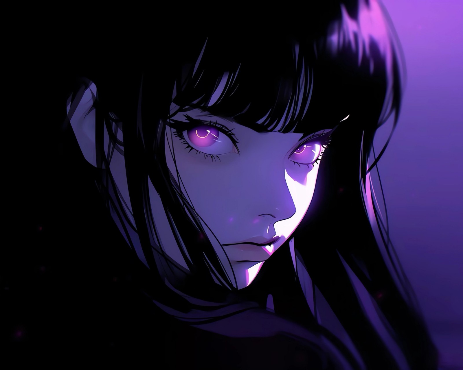 Download Anime Girl Black Hair Purple Eyes Wallpaper in 1600x1280 Resolution