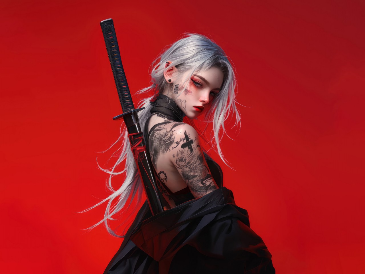 Download Concept Art Anime Girl Tattoo Katana Wallpaper In 1280x960 Resolution