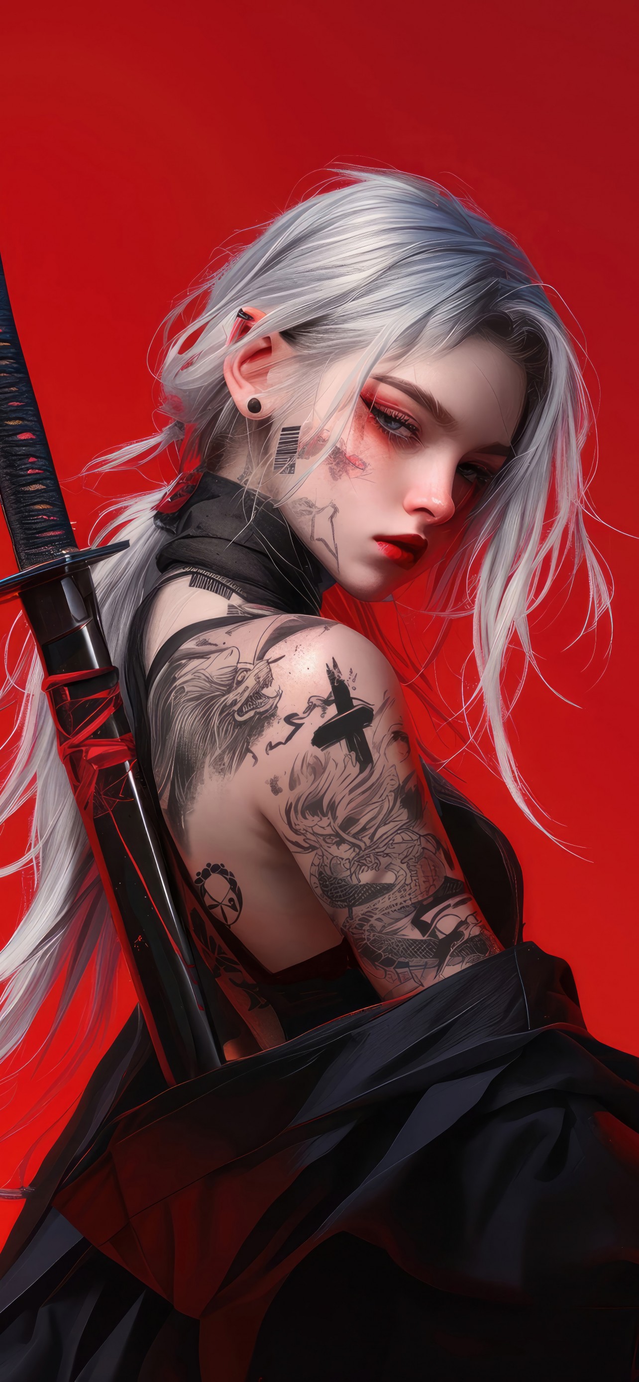 Download Concept Art Anime Girl Tattoo Katana Wallpaper in 1284x2778 Resolution