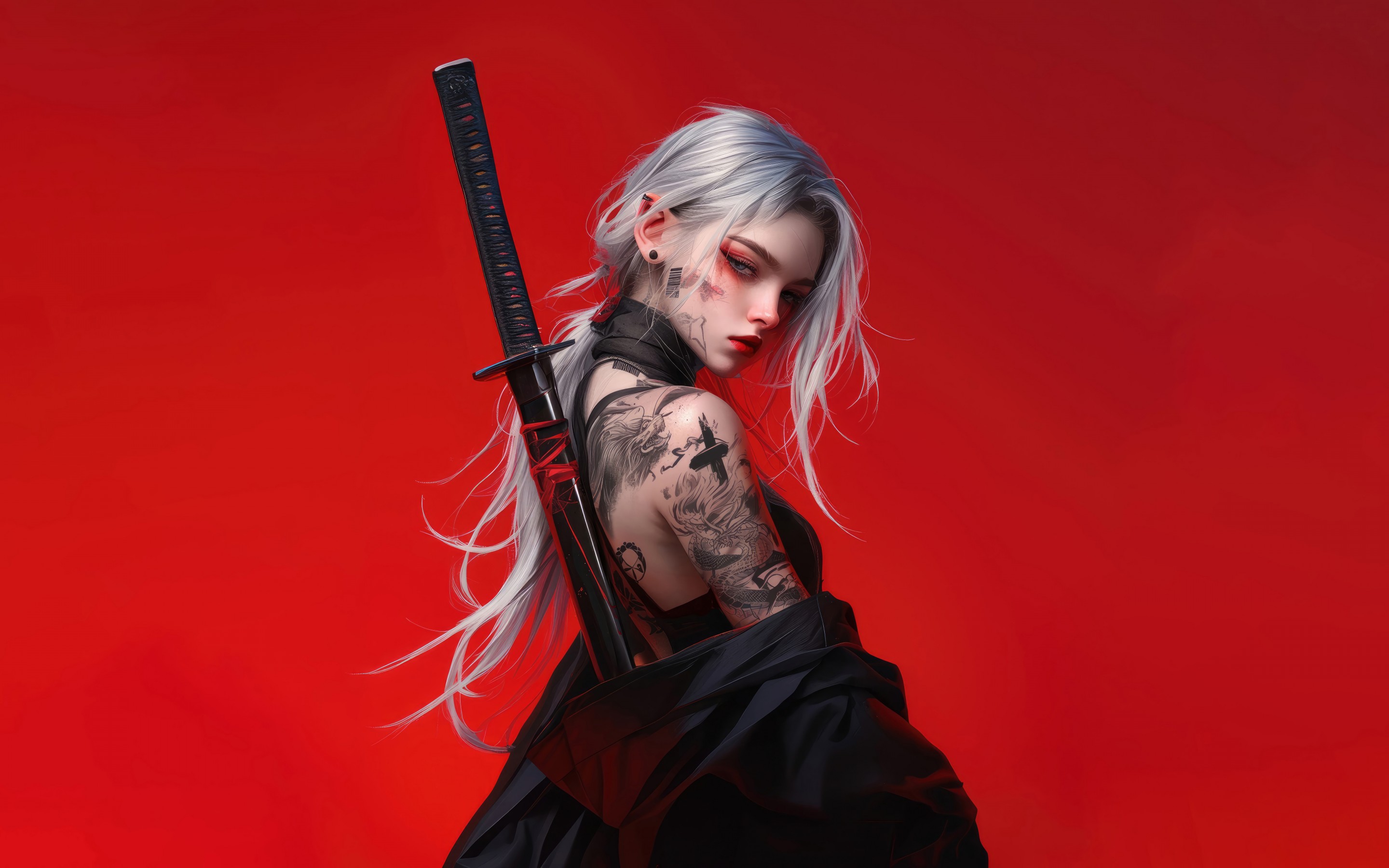 Download Concept Art Anime Girl Tattoo Katana Wallpaper in 2880x1800 Resolution