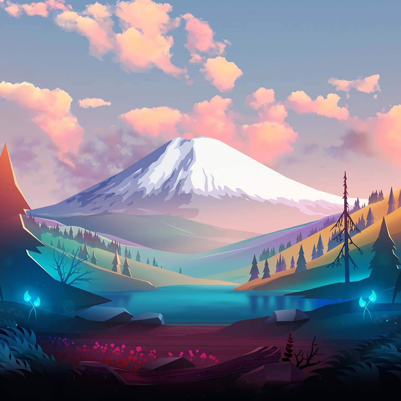 Download Colorful Mountain View Digital Art Wallpaper in 1280x1280 Resolution