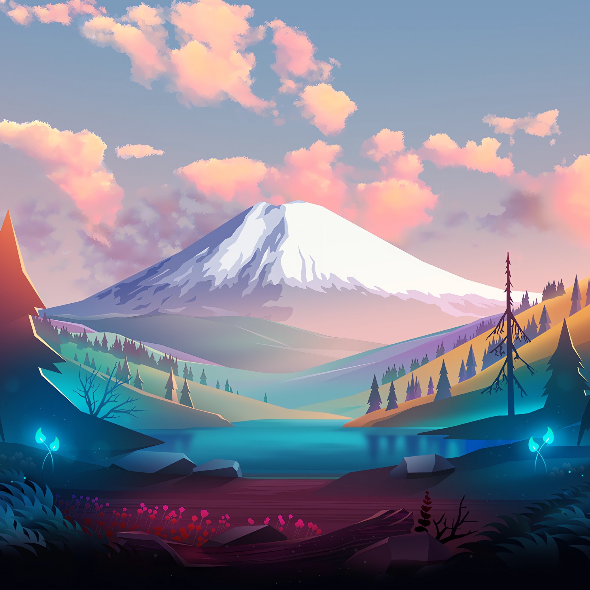 Download Colorful Mountain View Digital Art Wallpaper in 2048x2048 Resolution