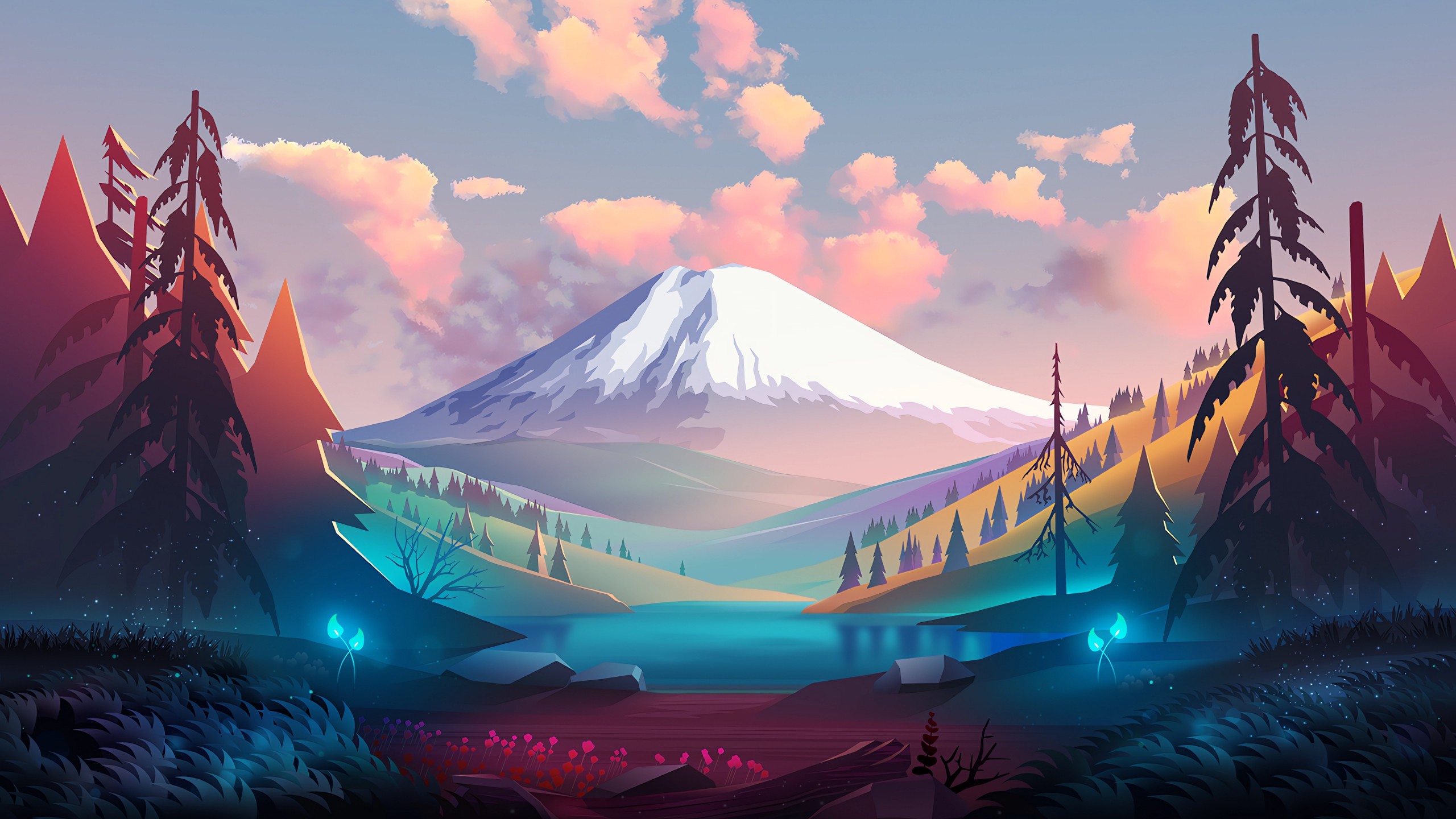 Download Colorful Mountain View Digital Art Wallpaper in 2560x1440 Resolution