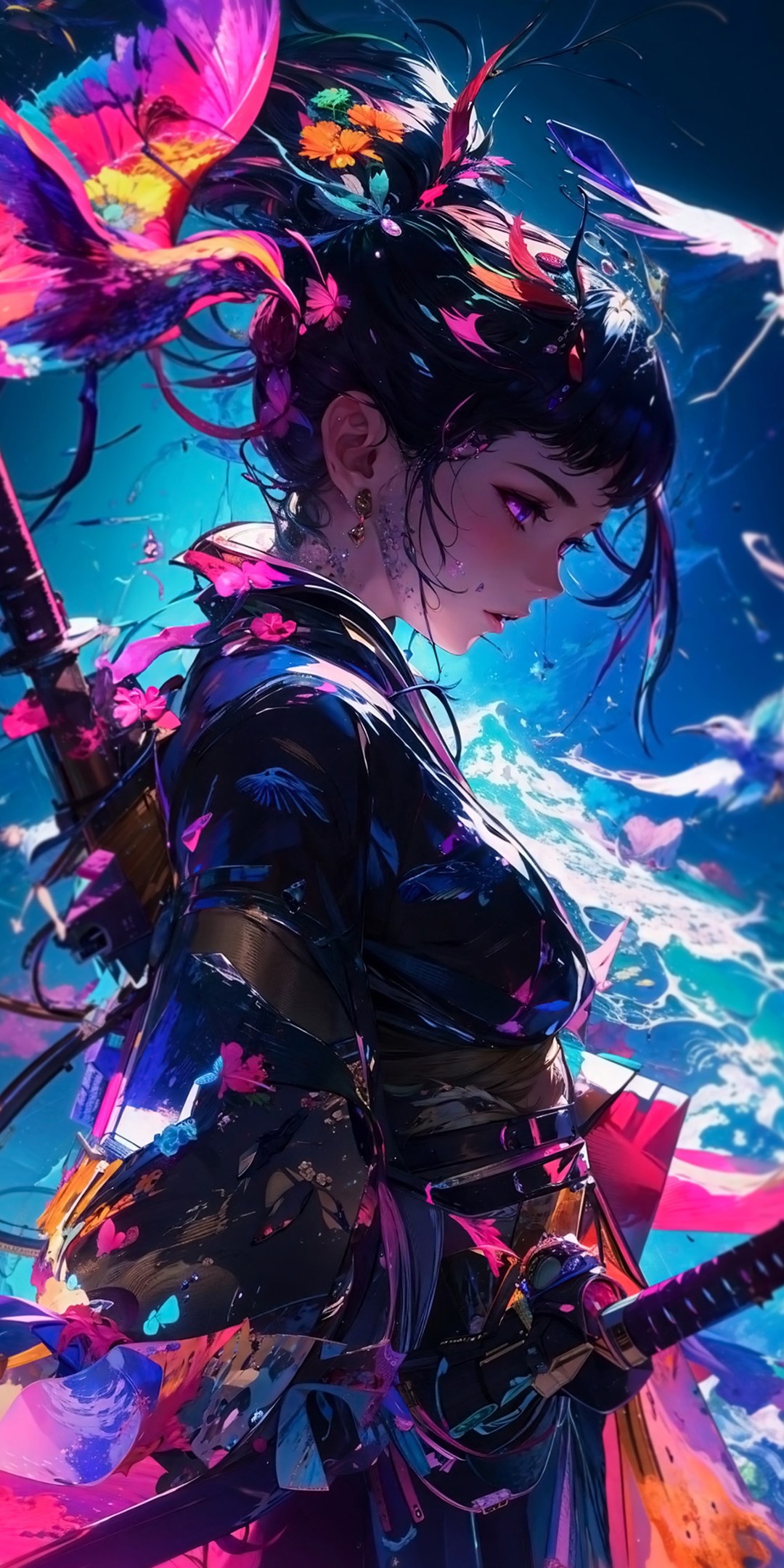 Download Anime Samurai Girl Colors Birds Wallpaper in 1080x2160 Resolution