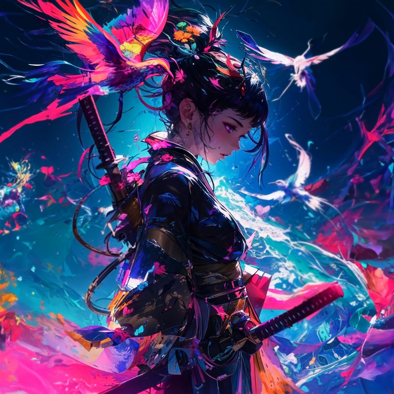Download Anime Samurai Girl Colors Birds Wallpaper in 1280x1280 Resolution
