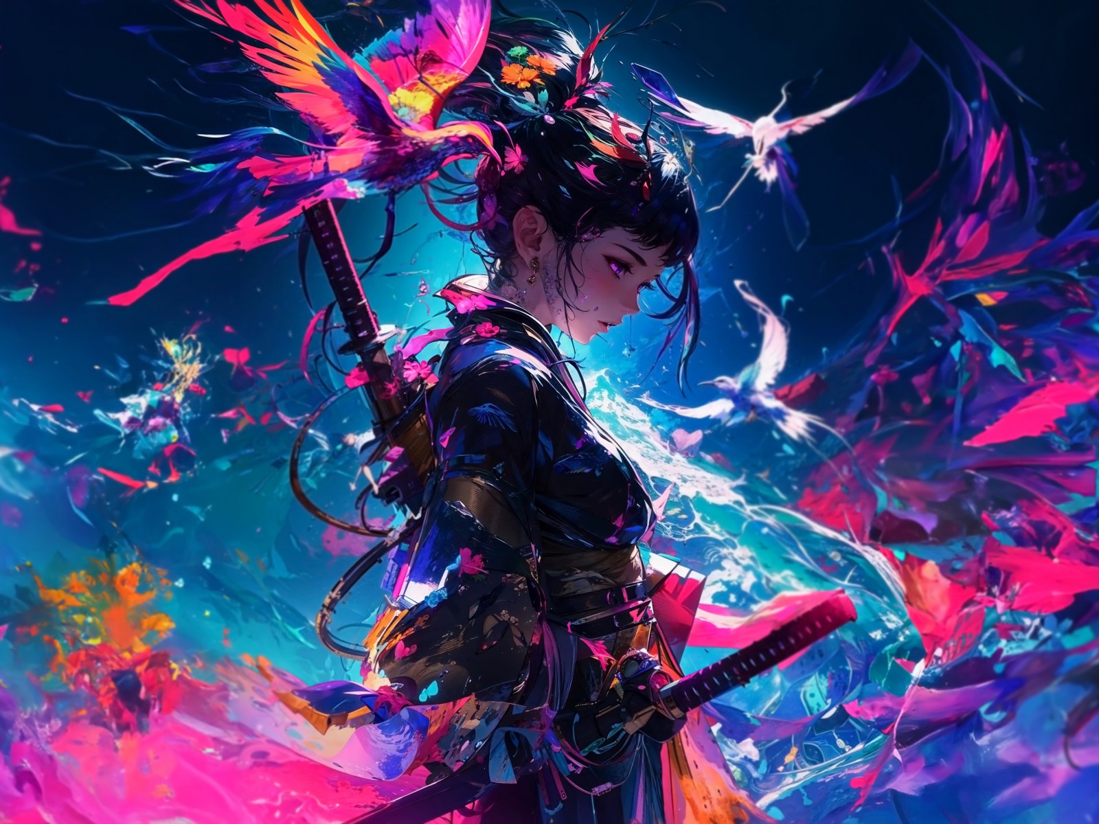 Download Anime Samurai Girl Colors Birds Wallpaper in 1600x1200 Resolution