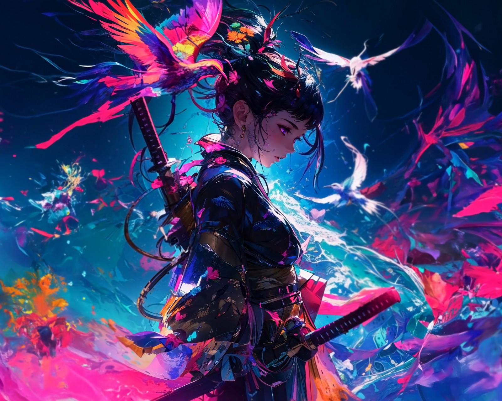 Download Anime Samurai Girl Colors Birds Wallpaper in 1600x1280 Resolution
