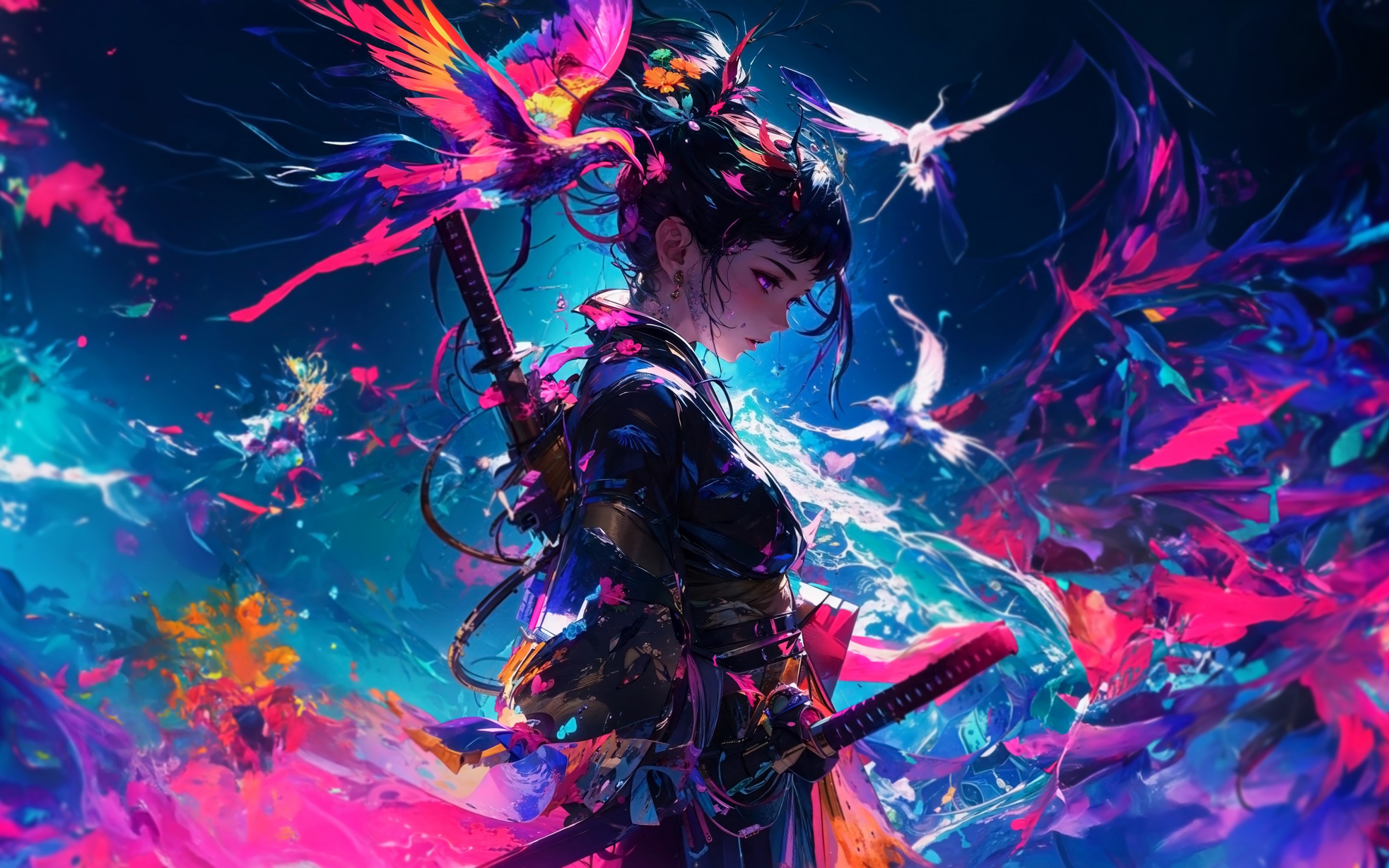 Download Anime Samurai Girl Colors Birds Wallpaper in 2880x1800 Resolution