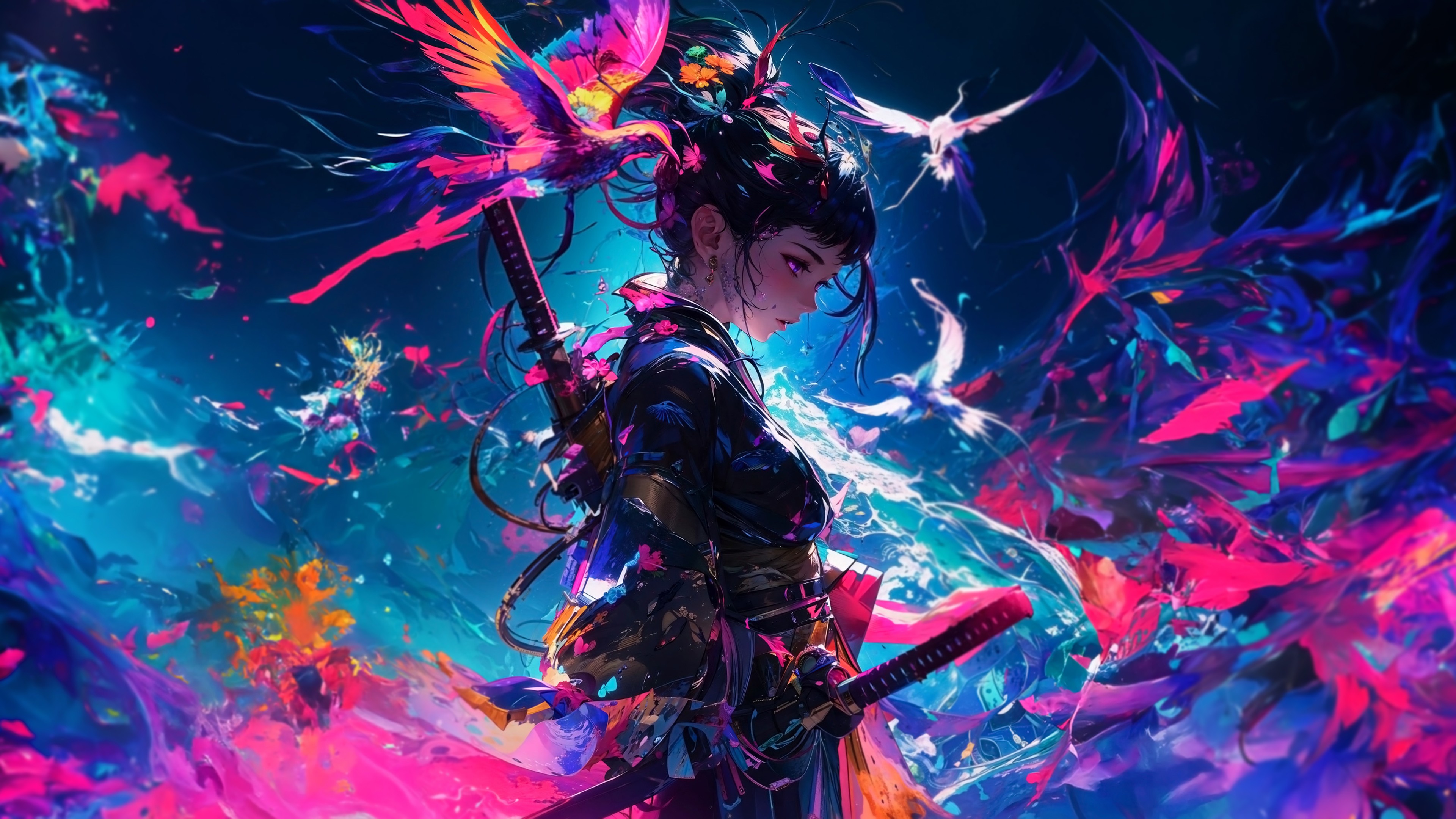 Download Anime Samurai Girl Colors Birds Wallpaper in 3840x2160 Resolution