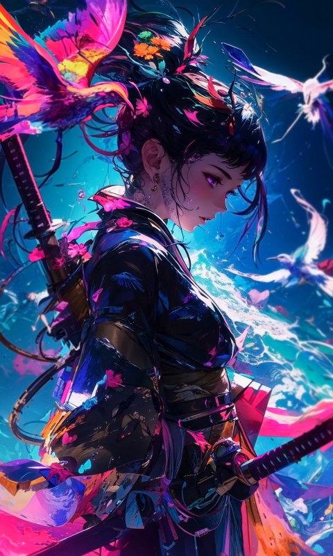 Download Anime Samurai Girl Colors Birds Wallpaper in 480x800 Resolution
