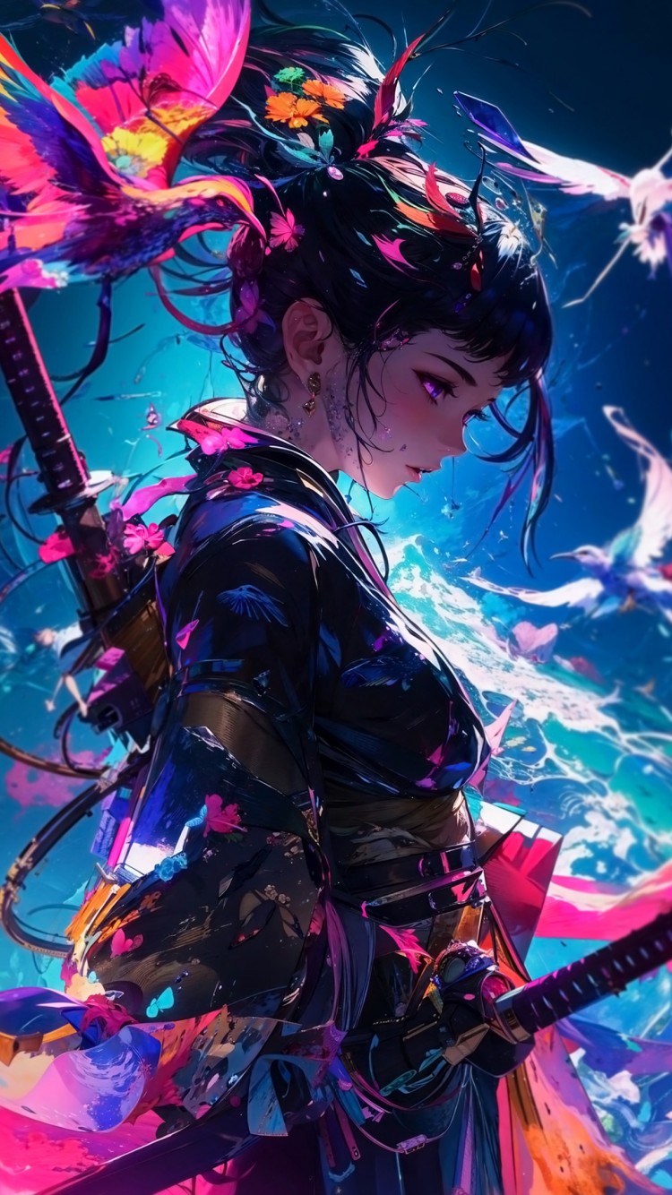 Download Anime Samurai Girl Colors Birds Wallpaper in 750x1334 Resolution