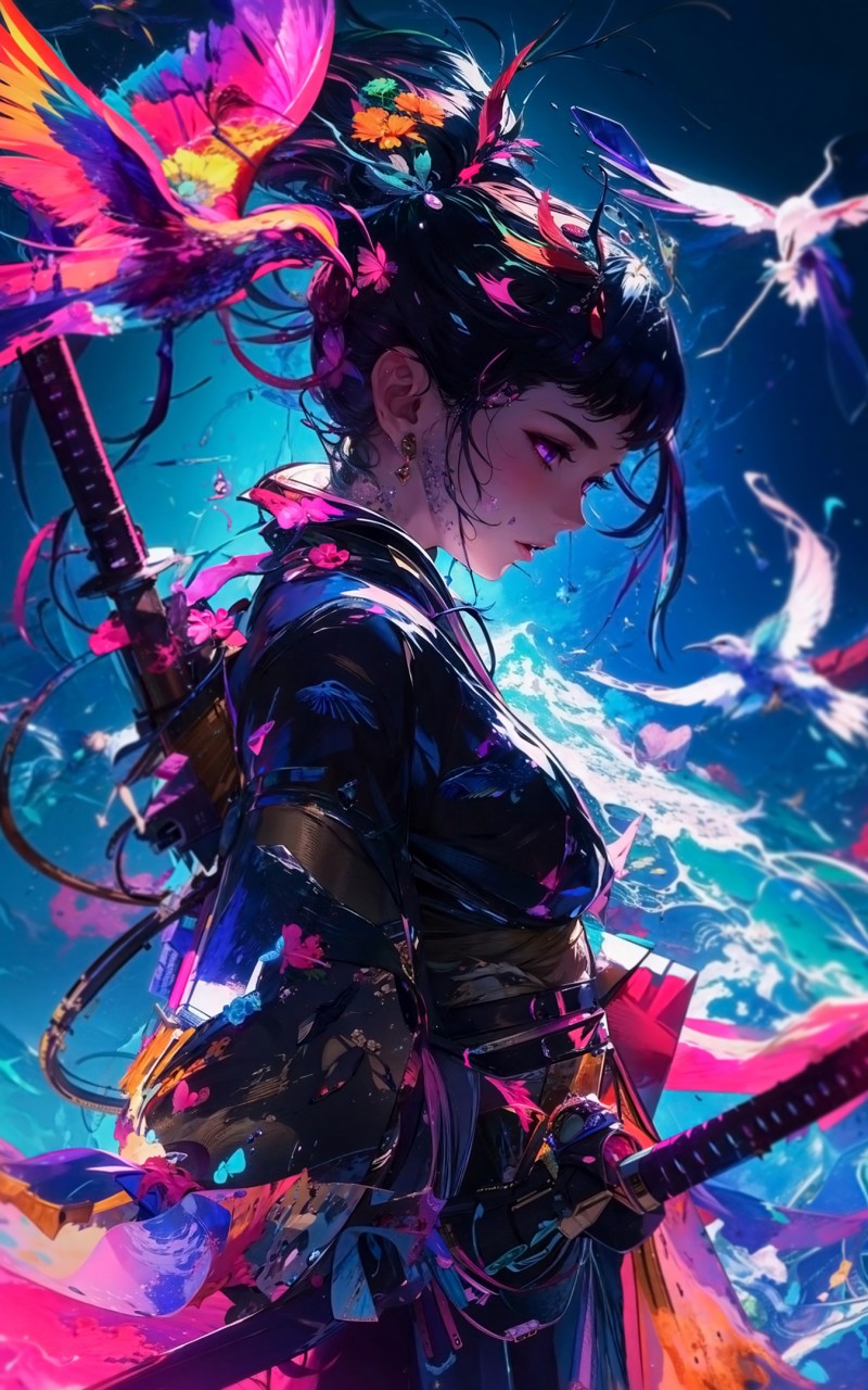 Download Anime Samurai Girl Colors Birds Wallpaper in 800x1280 Resolution