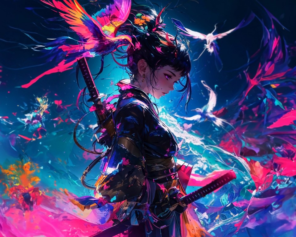 Download Anime Samurai Girl Colors Birds Wallpaper in 960x768 Resolution