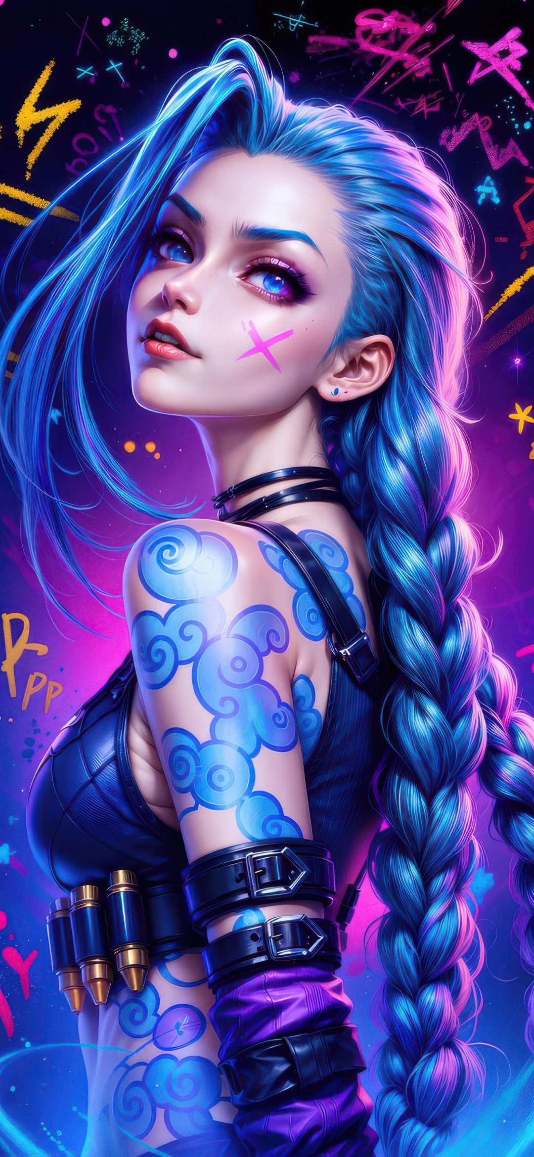 Download Jinx Colorful Dark Neon Art Wallpaper in 1080x2340 Resolution