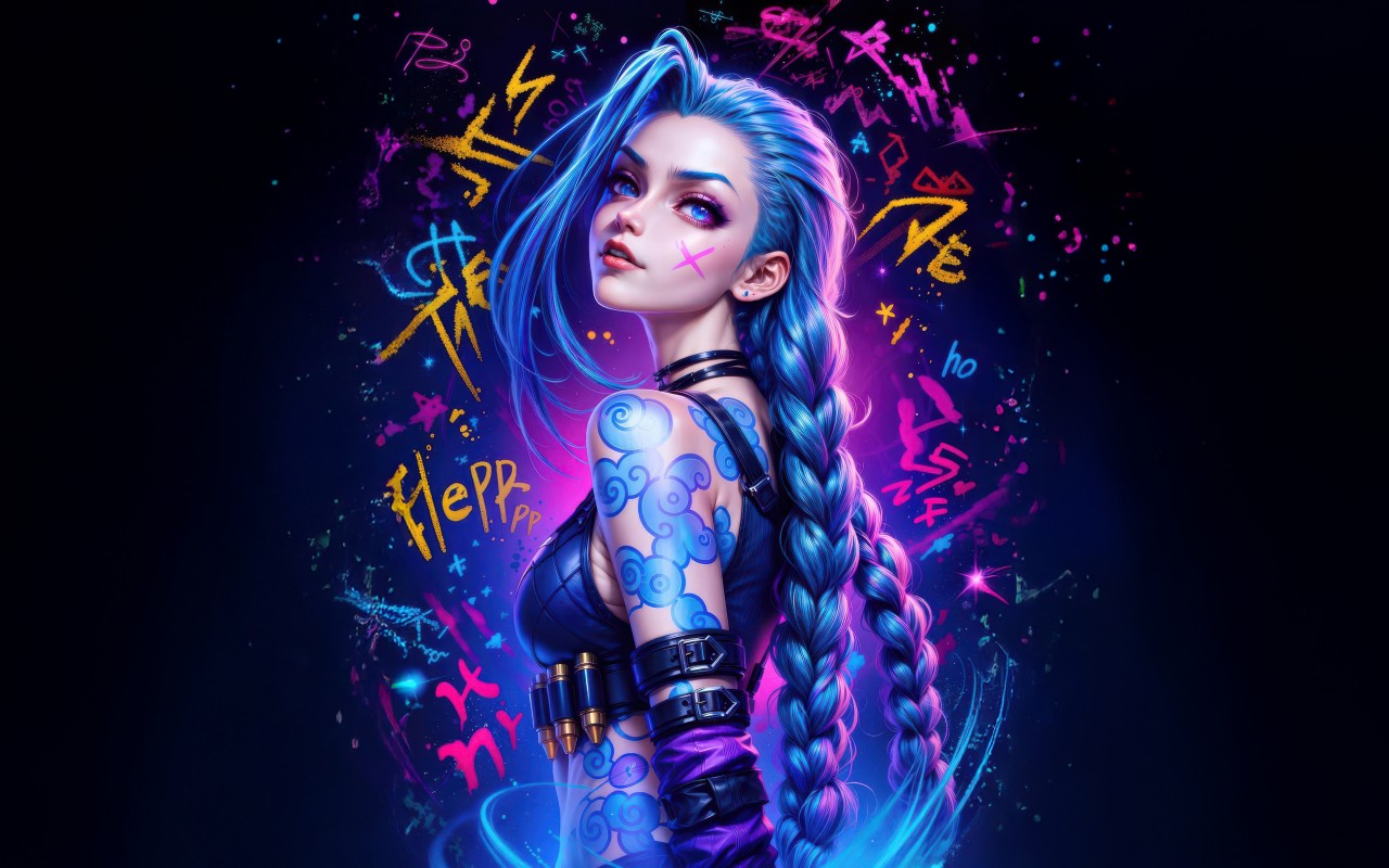 Download Jinx Colorful Dark Neon Art Wallpaper in 1280x800 Resolution
