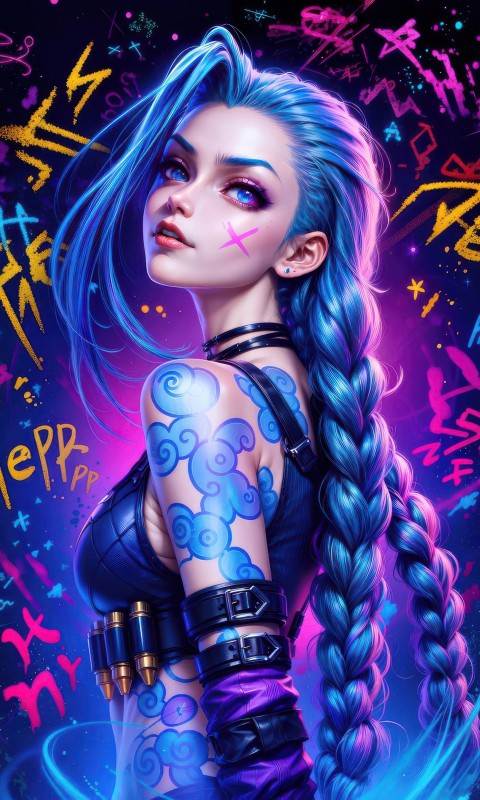 Download Jinx Colorful Dark Neon Art Wallpaper in 480x800 Resolution