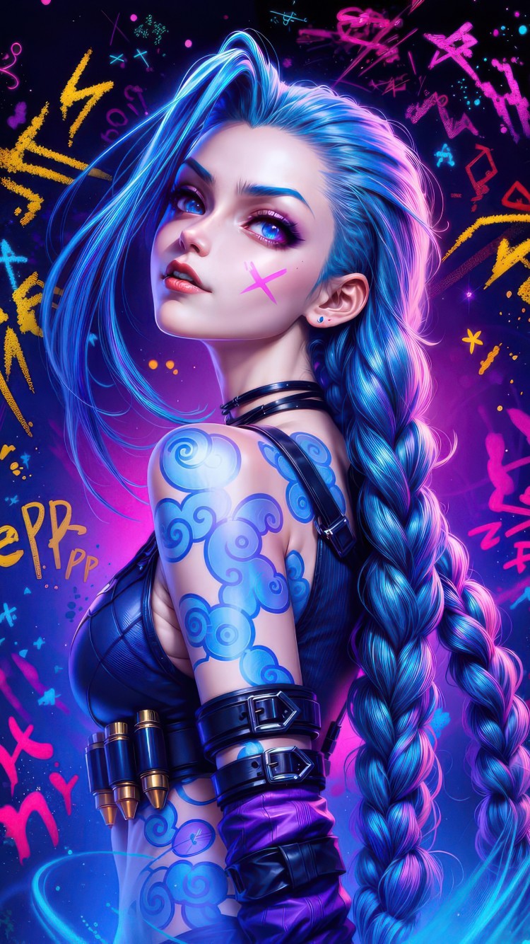 Download Jinx Colorful Dark Neon Art Wallpaper in 750x1334 Resolution