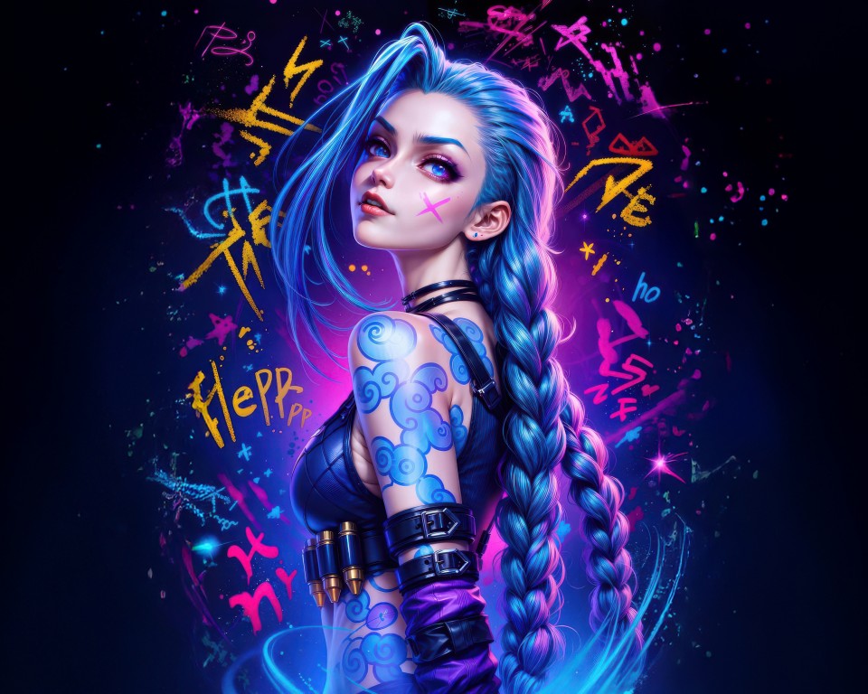 Download Jinx Colorful Dark Neon Art Wallpaper in 960x768 Resolution