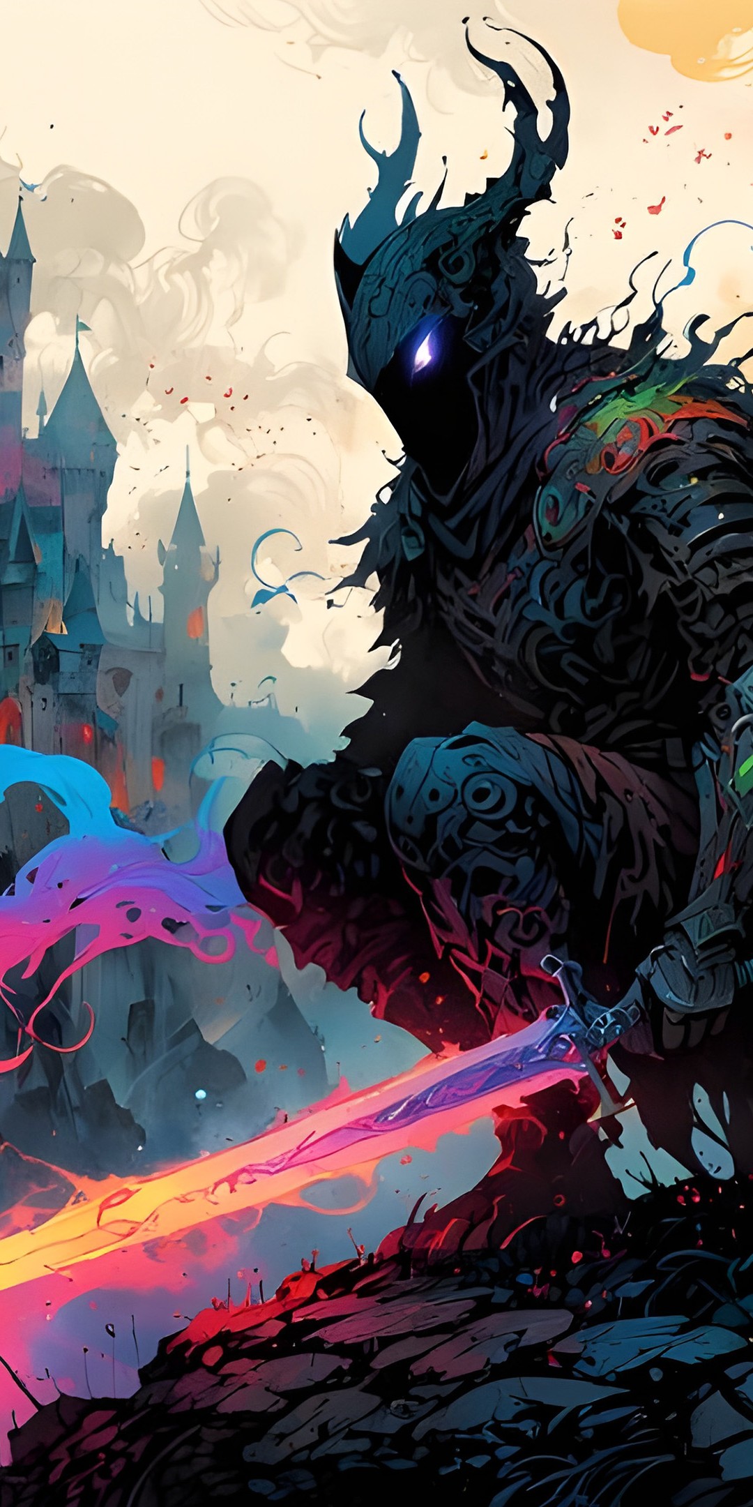 Download Castle Vibrant Color Warrior Sword Ai Wallpaper in 1080x2160 Resolution