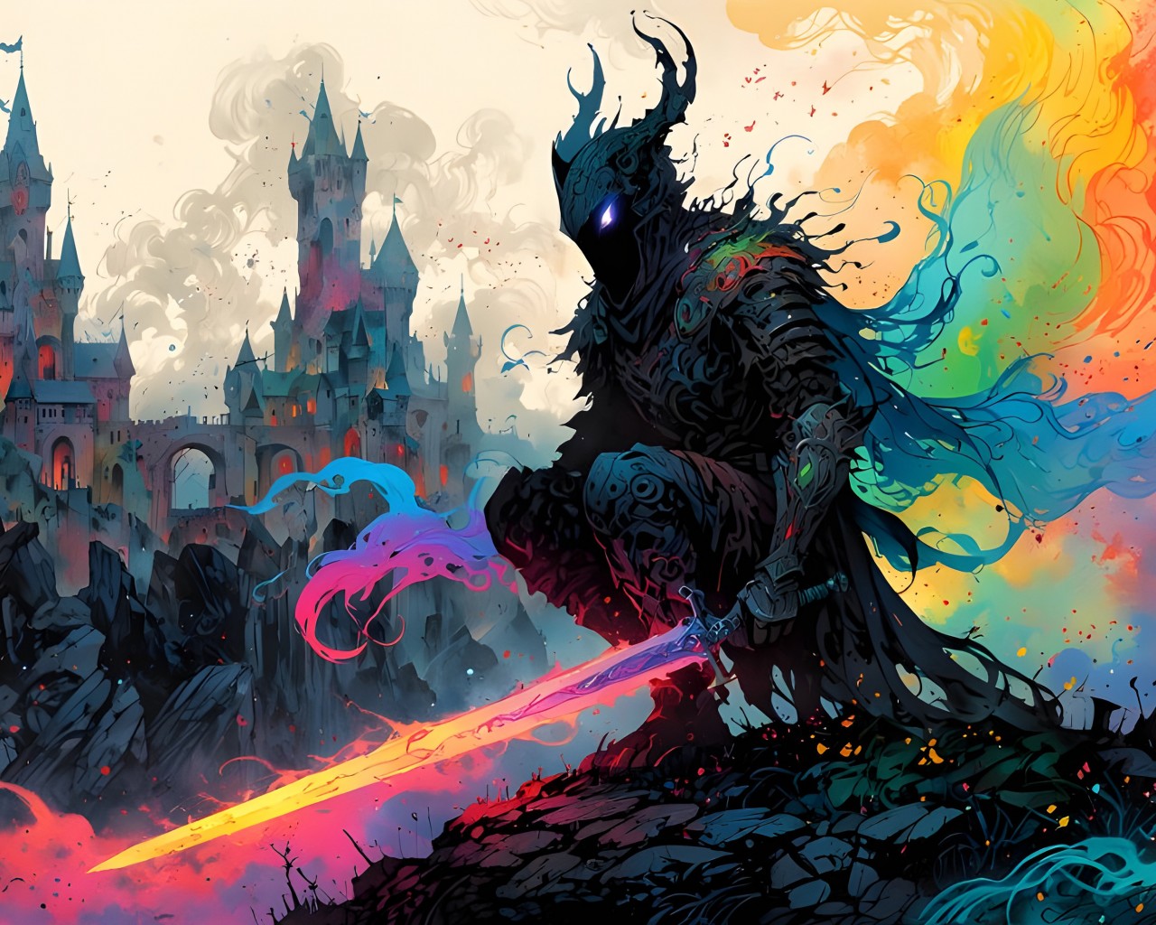 Download Castle Vibrant Color Warrior Sword Ai Wallpaper in 1280x1024 Resolution