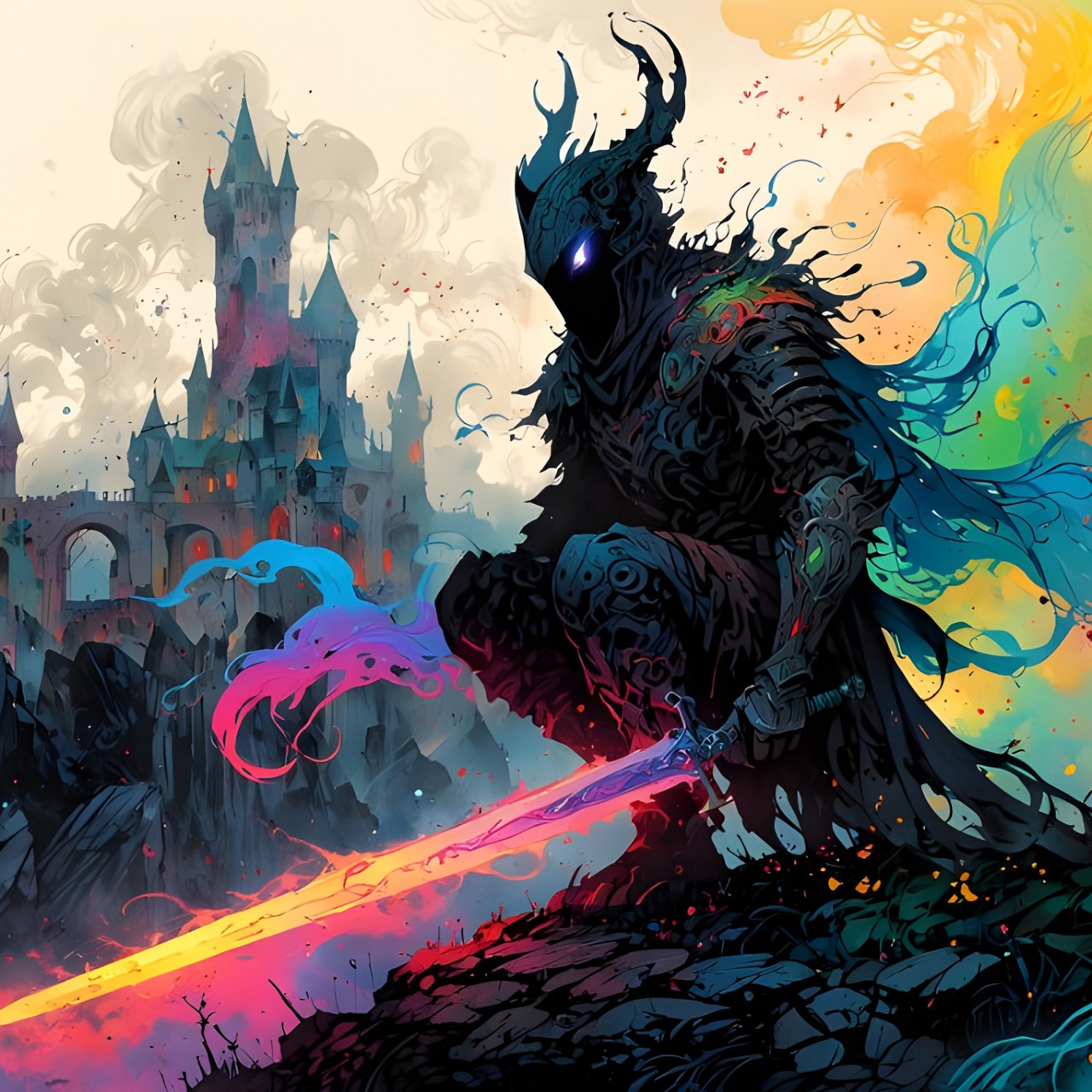 Download Castle Vibrant Color Warrior Sword Ai Wallpaper in 1280x1280 Resolution