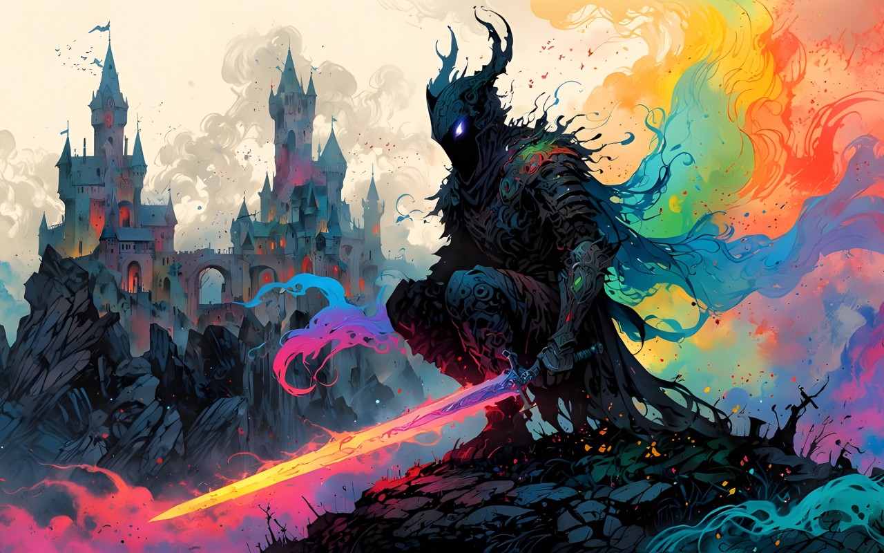Download Castle Vibrant Color Warrior Sword Ai Wallpaper in 1280x800 Resolution