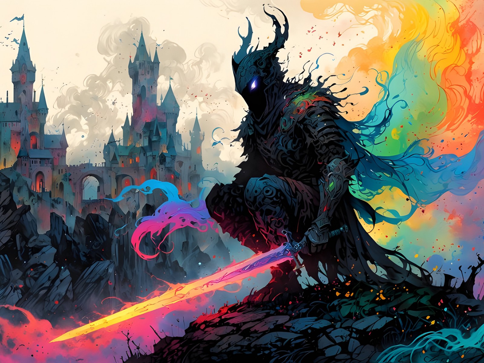 Download Castle Vibrant Color Warrior Sword Ai Wallpaper in 1600x1200 Resolution