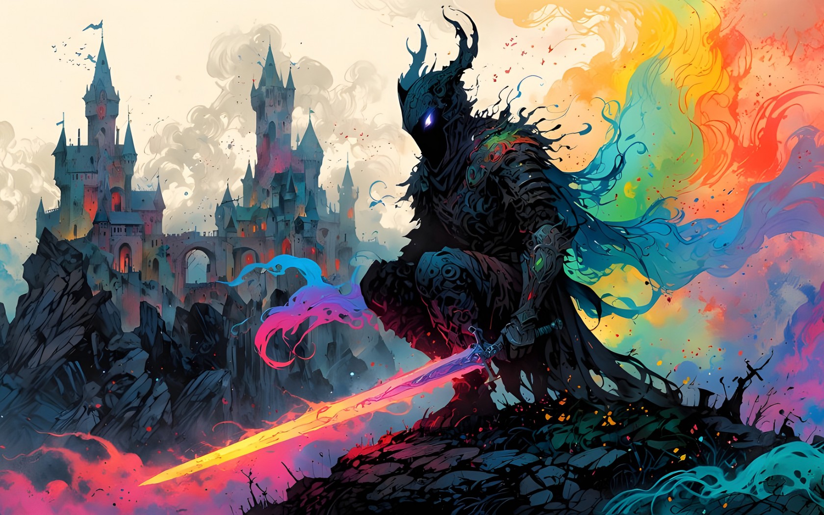 Download Castle Vibrant Color Warrior Sword Ai Wallpaper in 1680x1050 Resolution