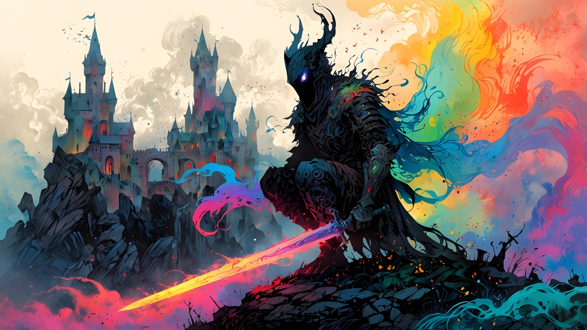 Download Castle Vibrant Color Warrior Sword Ai Wallpaper in 1920x1080 Resolution