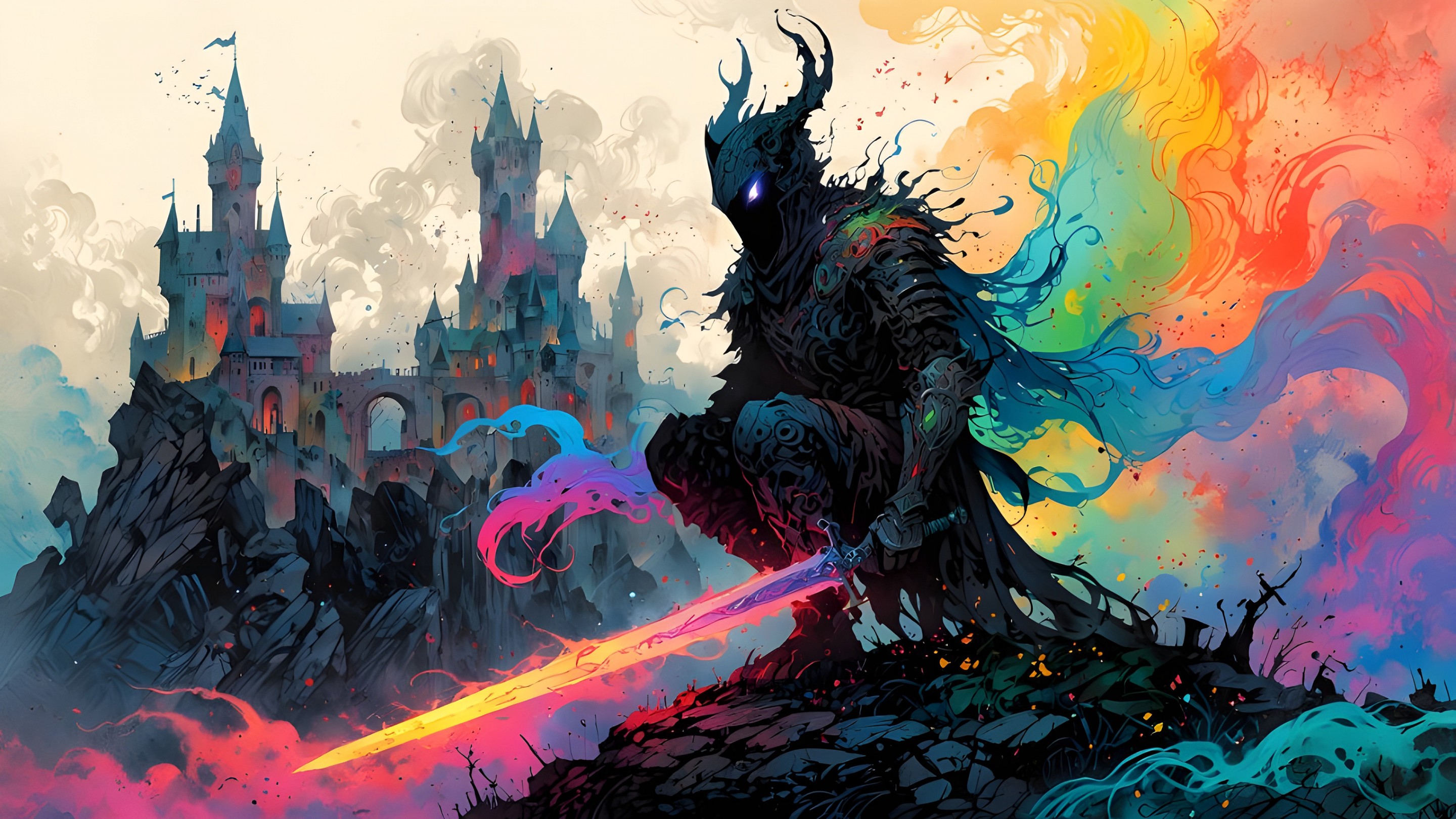 Download Castle Vibrant Color Warrior Sword Ai Wallpaper in 2880x1620 Resolution