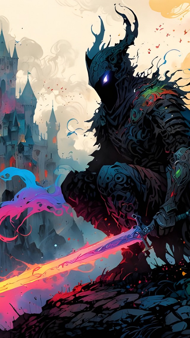 Download Castle Vibrant Color Warrior Sword Ai Wallpaper in 640x1136 Resolution