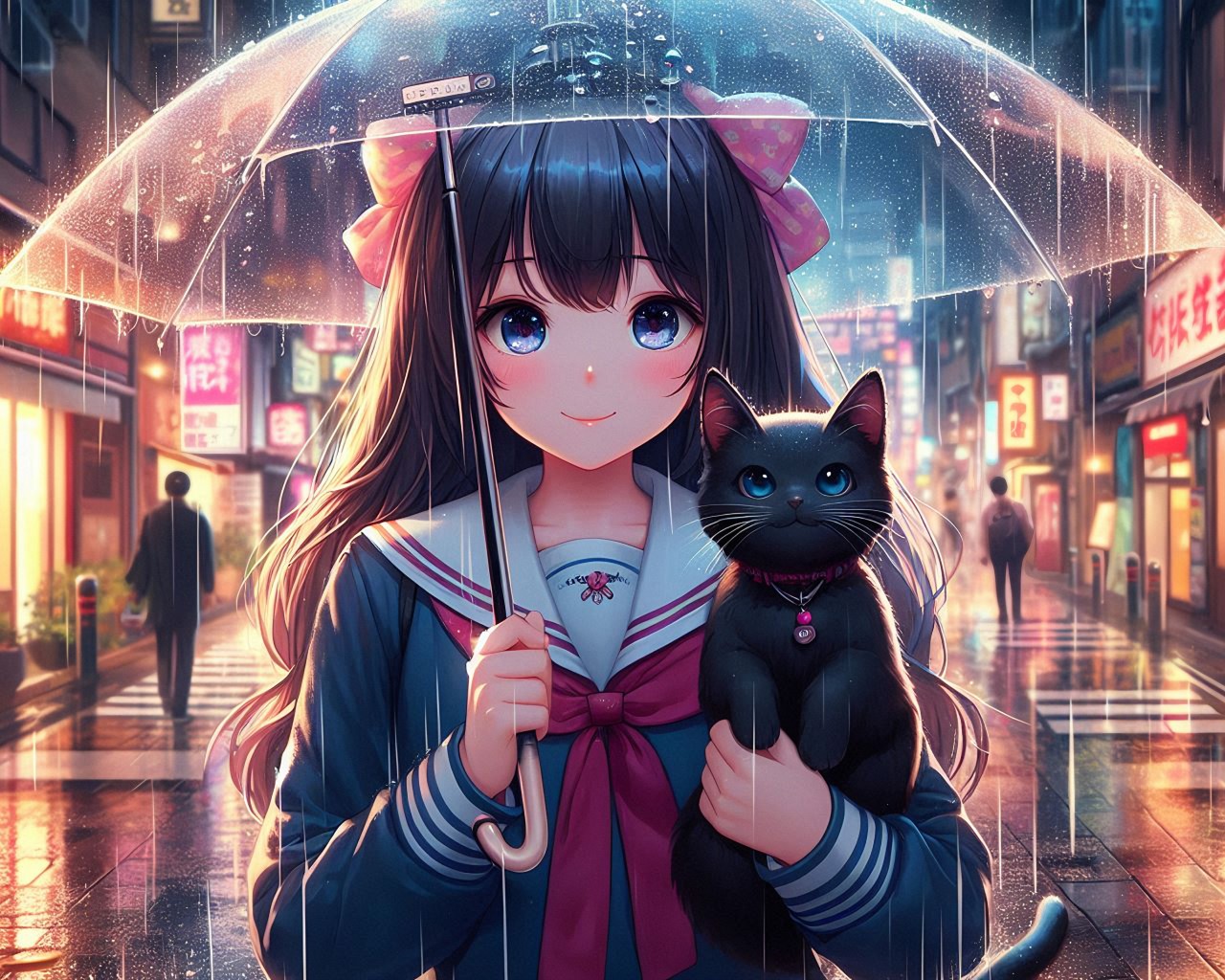 Download Anime Girl Black Kitty Rain Umbrella Ai Wallpaper in 1280x1024 Resolution