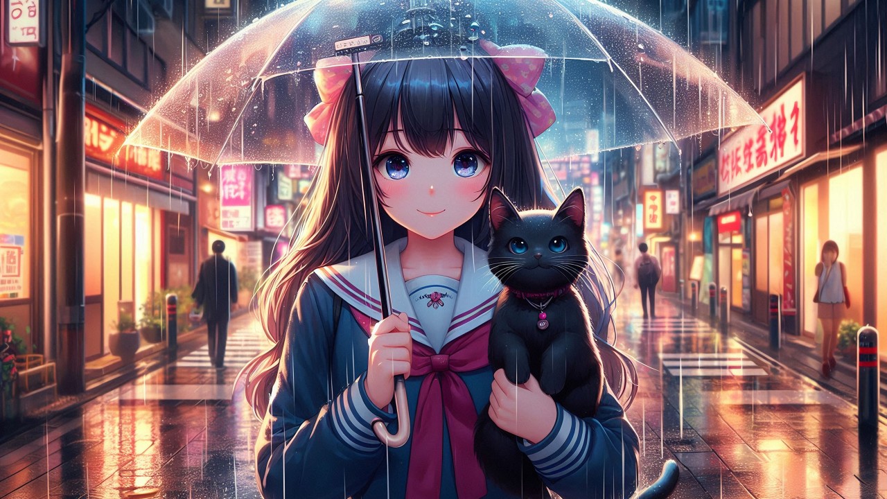 Download Anime Girl Black Kitty Rain Umbrella Ai Wallpaper in 1280x720 Resolution