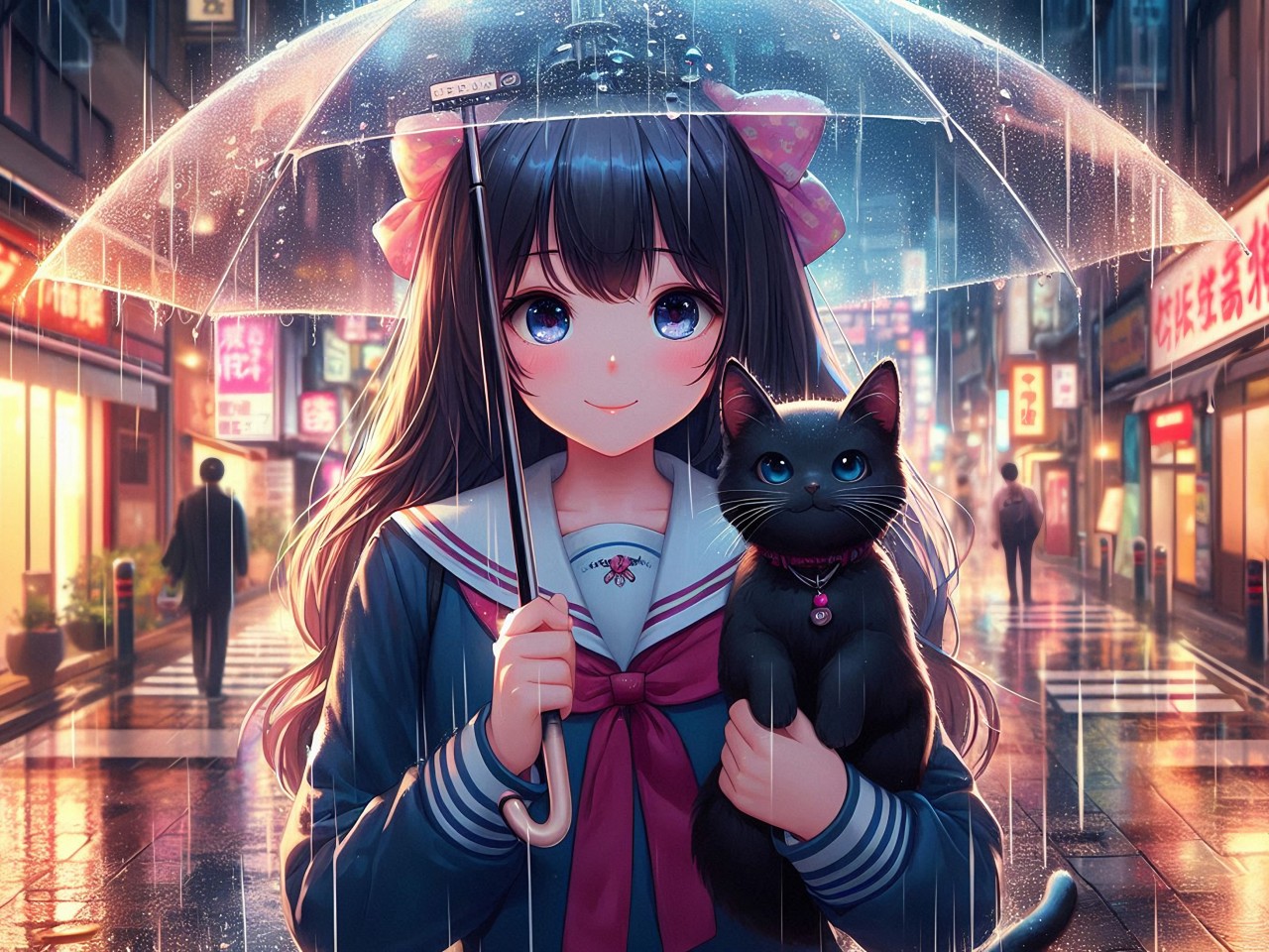 Download Anime Girl Black Kitty Rain Umbrella Ai Wallpaper in 1280x960 Resolution
