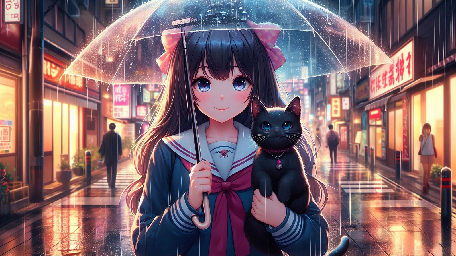Download Anime Girl Black Kitty Rain Umbrella Ai Wallpaper in 1600x900 Resolution